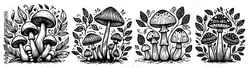 Mushroom botanical sketch set with autumn leaves, forest fungi icons for cottagecore and nature designs, black and white woodcut style mushroom illustrations