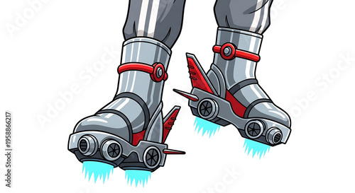 A futuristic cartoon illustration of robotic boots with jet propulsion and glowing blue thrusters.