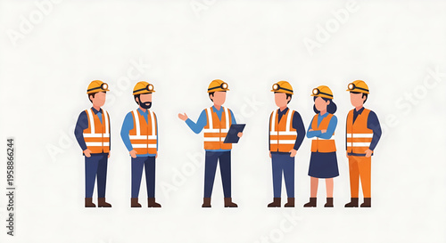 Team of construction workers in protective gear discussing plans on a white background