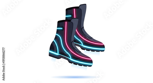 A pair of futuristic neon-lit boots with sleek design and vibrant colors, perfect for fashion and technology concepts