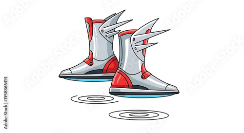 A futuristic pair of boots with sharp spikes and glowing blue soles, designed for a sci-fi character or robotic creature