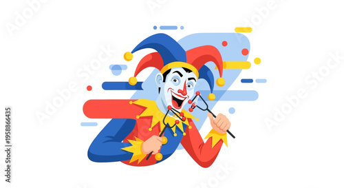A colorful cartoon jester in a blue, red, and yellow costume holds a prop sword on a white background with playful, abstract shapes, conveying a joyful and humorous mood