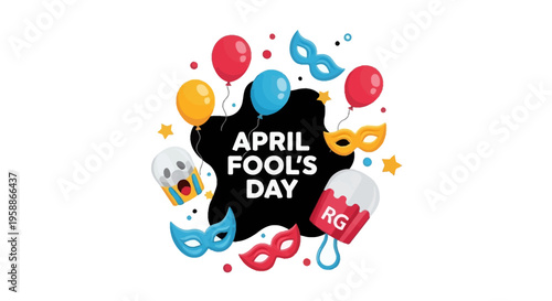 Colorful illustration of April Fools' Day celebration with cartoon characters, masks, and balloons on a white background