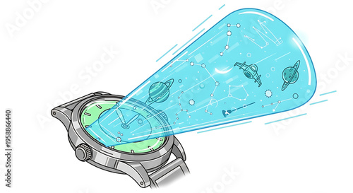 A vector graphic illustration of a watch with a futuristic blue projection of planets and stars emanating from its face, symbolizing time and space exploration.