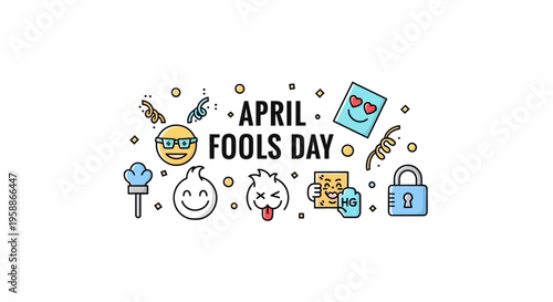 Colorful April Fools' Day illustration with cartoon characters and decorations on a clean white background