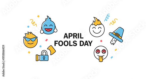 Colorful cartoon characters celebrate April Fools' Day with humor and prank illustrations on a white background