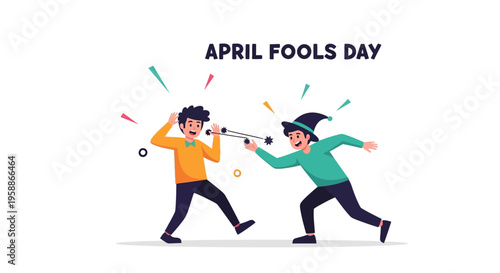 Cartoon illustration of two people playing a prank on each other with a telescope on April Fools' Day with colorful lines and a joyful mood