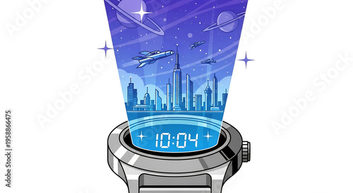 A futuristic smartwatch displaying a cityscape and space scene in a vibrant digital illustration.