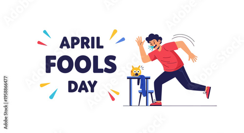 Cartoon illustration of a man pranking a coworker on April Fools' Day with colorful confetti and a humorous office setting