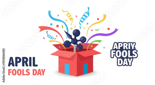 Colorful illustration of a red gift box with confetti and balloons for April Fools' Day celebration on a white background