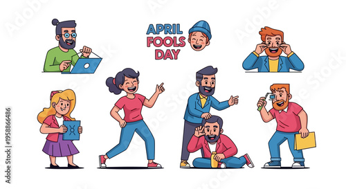 Colorful illustration of seven cartoon characters celebrating April Fools' Day with humorous pranks and jokes in a playful team setting