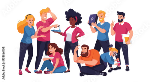 A diverse group of people engaging in playful pranks and jokes on April Fools' Day with colorful decorations and comedic expressions