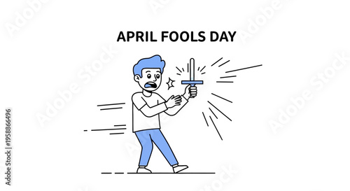 A man in a humorous prank illustration holding a knife on April Fools' Day with a comedic and colorful cartoon style