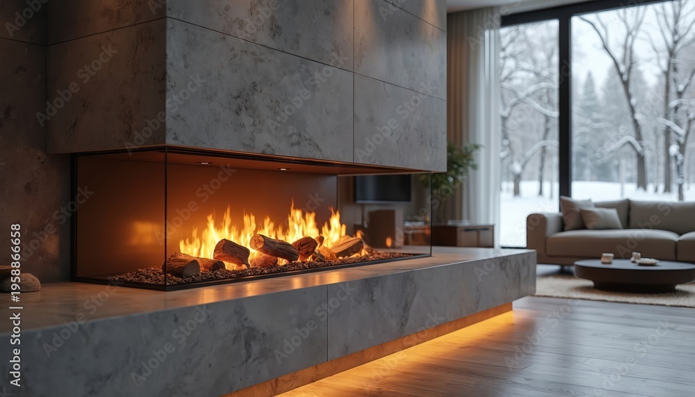 Obraz premium Modern linear fireplace with burning logs provides warm comfort in stylish living room. Large window shows snowy forest outside, creating cozy winter atmosphere. Elegant stone surround enhances home
