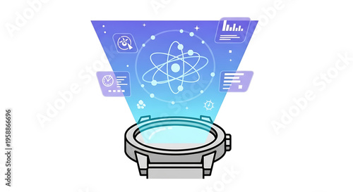 A vector graphic illustration of a smartwatch with an atom symbol and various icons emerging from its screen, representing technology and innovation.