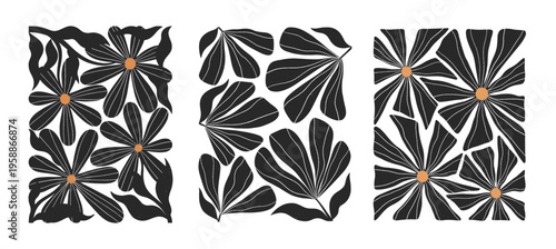 Bold daisy flower silhouettes with engraved line details.Nordic folk botanical illustration set.Groovy vintage wildflowers for prints,banners,wall art decor,branding,packaging and patterns.