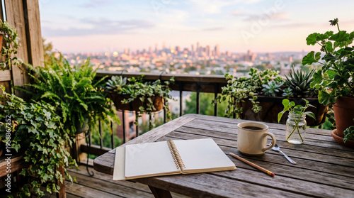 Happy monday balcony breakfast city view relaxing lifestyle scene