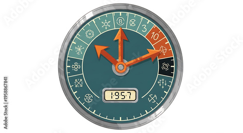 A modern vector graphic of a clock with a digital display showing the year 1957
