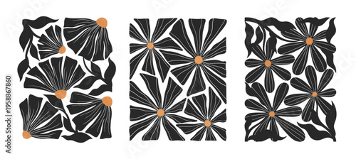 Daisy flowers in linocut printmaking style.Scandinavian folk illustration set with widflowers.Bold vintage black and white floral silhouettes for branding,packaging,posters,patterns.