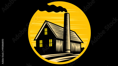 Vintage-style illustration of a building with a chimney inside a yellow circle against a black backdrop