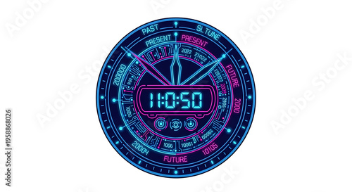 A futuristic neon clock face with a digital display and analog hands on a white background