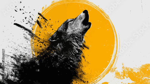 Artistic depiction of a howling canine figure emerging from a fragmented, dark backdrop and a vibrant yellow circle