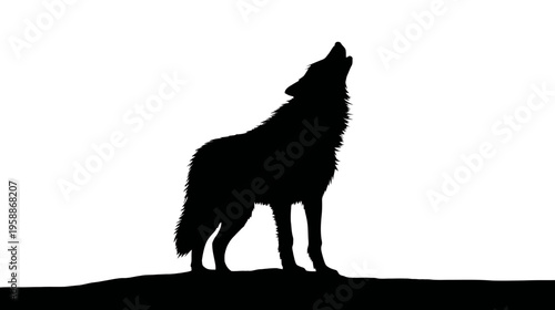 A silhouette depicts a wolf howling, standing atop a small hill against a white backdrop
