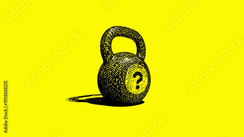 A black and yellow illustration of a kettlebell with a question mark on it, casting a shadow