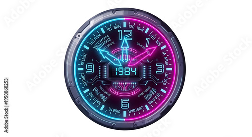 A futuristic neon-lit watch face with a digital display on a white background