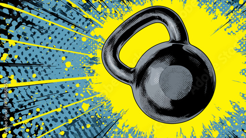 A pop art style illustration of a grey exercise weight on a yellow and blue comic book background