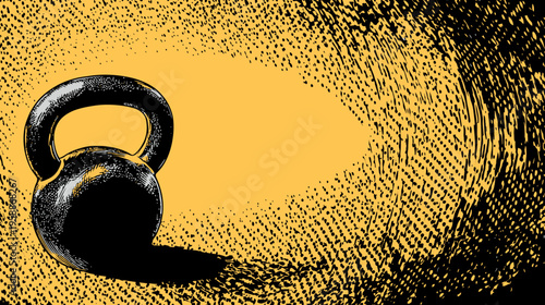 Graphic image of a kettlebell with a stylized background of dots and swirl patterns