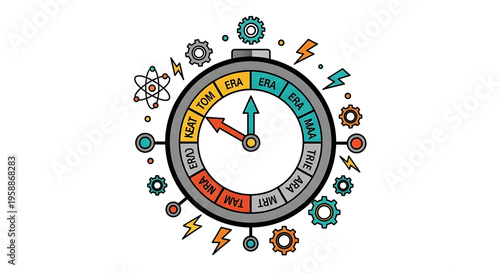 A colorful vector graphic illustration of a stopwatch with gears and lightning bolts, representing time management and productivity.