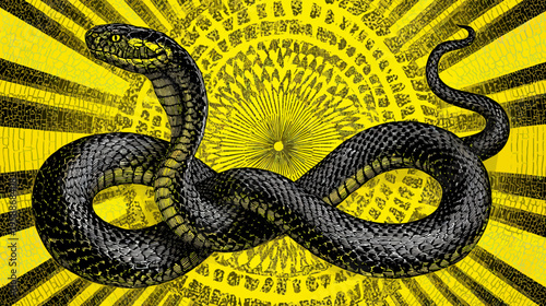 A detailed illustration of a snake coiled on a patterned, bright-yellow, sunburst background
