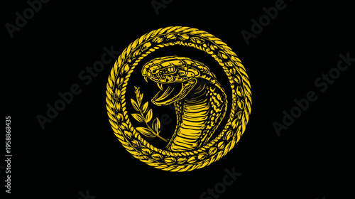 A golden serpent with open jaws, within a circle of foliage and rope, set against a black backdrop