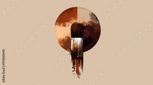 A brushstroke illustration featuring a circle divided into shades, with a long brush descending below