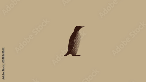 Minimalist illustration of a penguin in a brown tone on a beige textured background