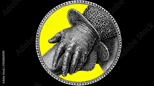 An engraved image of clasped hands wearing detailed medieval armor in a yellow circle, outlined