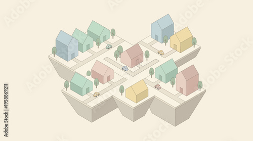 Charming Isometric Neighborhood A Serene Community with Colorful Houses and Scenic Roads
