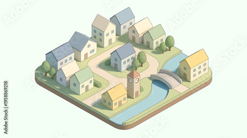 Charming isometric village scene featuring a peaceful community with houses, a winding river, a classic clock tower, and lush green trees, ideal for urban planning concepts or tranquil design projects