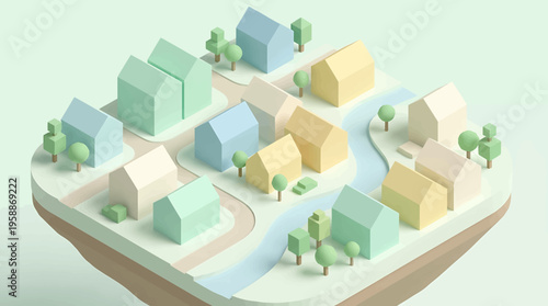 Charming 3D Isometric View of a Serene Pastel Neighborhood with Minimalist Houses, Winding Roads, and a River on a Floating Island Landscape