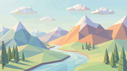 Synthesized Serenity A Low-Poly Vector Landscape Illustrating Majestic Mountains, a Winding River, and Verdant Forests Under a Clear Sky