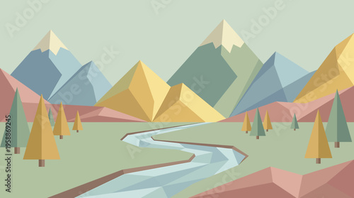 A serene geometric landscape illustration with a flowing river and distant, colorful mountains under a soft sky