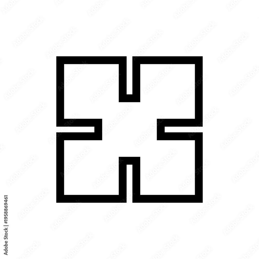 Fototapeta premium Abstract Cross Block Icon – Geometric connected shape symbol representing system integration, modular structure, connectivity and digital architecture