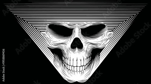 Stylized skull design within a triangle shape, featuring detailed linework and a contrasting background