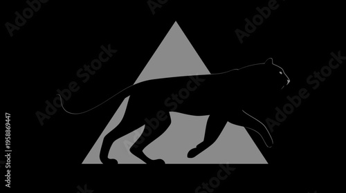 Black panther silhouette walks over a grey triangle. Background is black. Geometric design
