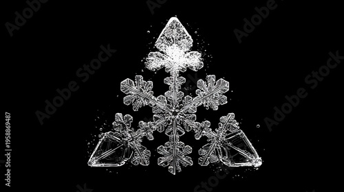 A detailed monochrome view of a single, perfectly formed, crystal snowflake against a deep black background