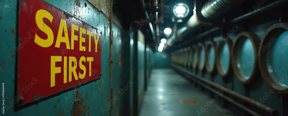Fototapeta premium Dimly lit industrial corridor with pipes and round windows. Red metal sign with yellow text reads SAFETY FIRST. This tunnel looks abandoned or perhaps part of a secure facility or bunker.