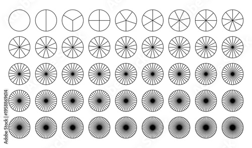 Pie charts. Segmented charts template. Sectors divide circle on equal 45 parts. Parts of diagram wheel from 1 to 45. Outline black graphics. Pizza charts infographics set.