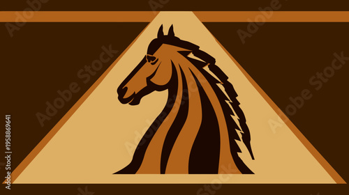A stylized horse head within a triangle with brown and tan shades, featuring flowing mane