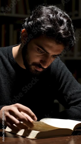 Man reading a book in a library.